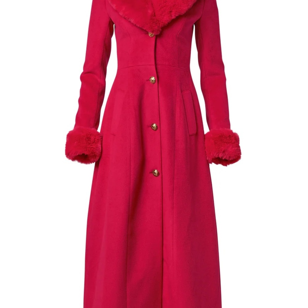 Brand new. Vibrant Red Fur-Trimmed Coat with Gold Buttons.